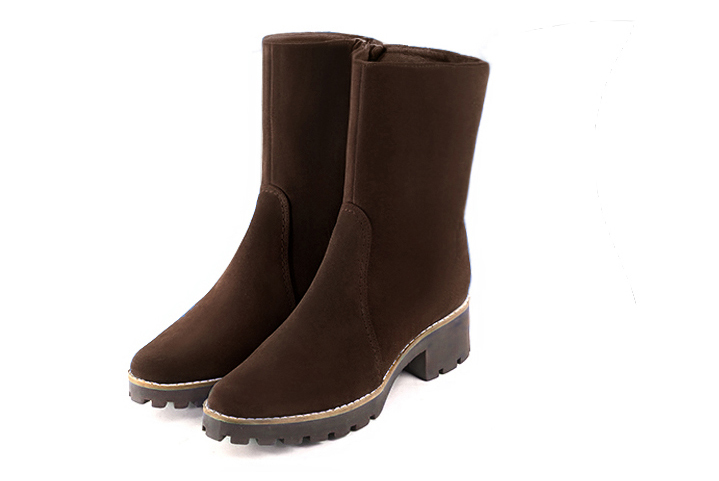 Dark brown women's booties, with a zip on the inside. Round toe. Low rubber soles - Florence KOOIJMAN